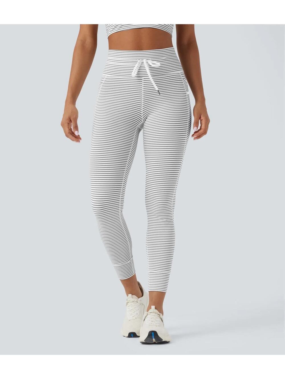 HALARA High Waisted Drawstring Striped Yoga Leggings with Pockets [L 7/8]